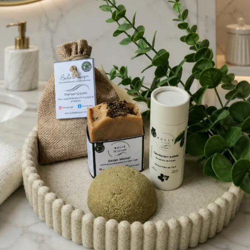 Coffret monoï & fleur de tiaré | le rituel naturel | corps et cheveux | 1 savon artisanal + 1 shampooing solide + 1 déodorant naturel