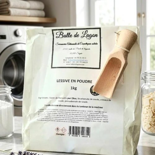 Lessive en poudre naturelle 1kg | environ 50 lavages | 100% biodégradable | savon de marseille et percarbonate | avec pelle en bambou