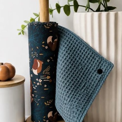 Essuie-tout lavable réutilisable zéro déchet | cuisine | essuie-tout coton nid d'abeille bleu canard| rouleau 5 feuilles | renards