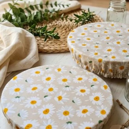 Couvre-plats en coton enduit lavable et réutilisable | lot de 2 | alternative au film alimentaire | marguerites | doublés | fait main