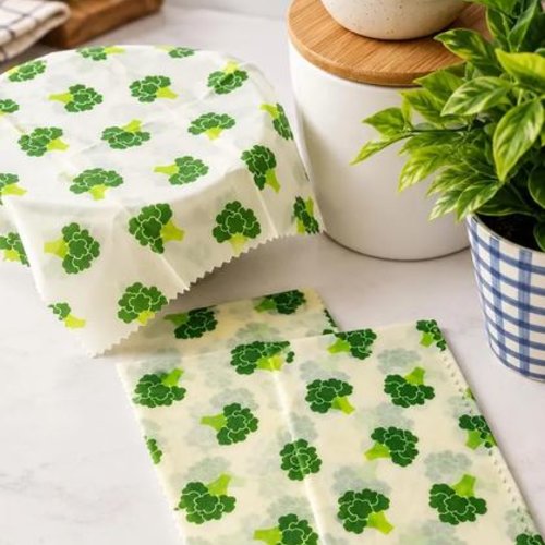 Bee wrap à la cire d’abeille réutilisable | emballage alimentaire écologique | lot de 3 | | motif brocolis | 100% matières organiques