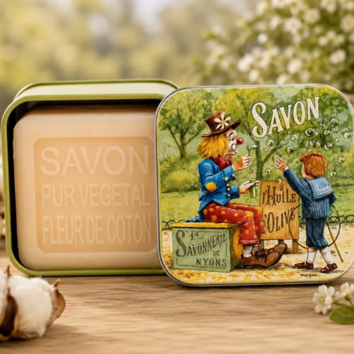 Savon artisanal 100 g + boîte en métal le clown | beurre de karité bio & huile d'olive de nyons | savon 100 g | fleur de coton