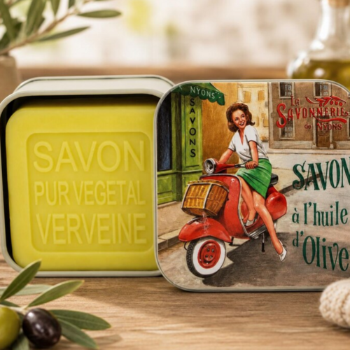 Savon artisanal 100 g + boîte en métal vespa | beurre de karité bio & huile d'olive de nyons | savon 100 g | verveine