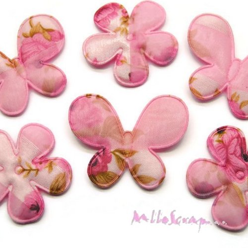 *lot de 6 papillons, fleurs tissu motifs fleuris rose embellissement scrapbooking carterie (réf.610)* 