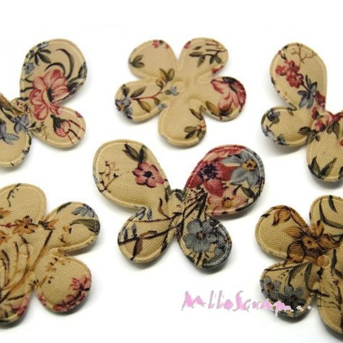 *lot de 6 papillons, fleurs tissu motifs fleuris beige embellissement scrapbooking carterie (réf.610)* 