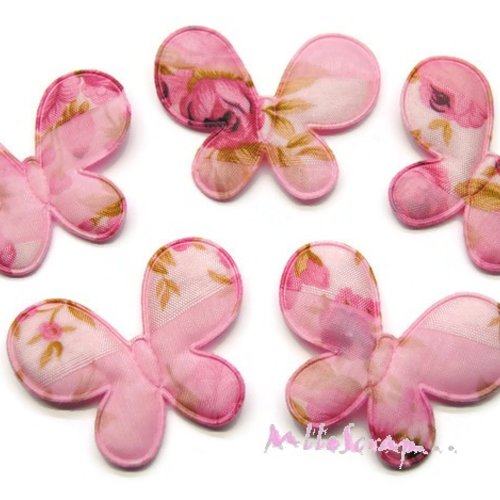 *lot de 5 papillons tissu rose aux motifs fleuris à pois embellissement scrapbooking carterie (réf.610) * 