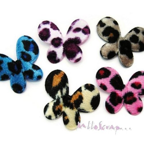 *lot de 5 papillons tissu multicolore léopard embellissement scrapbooking carterie(réf.310).* 