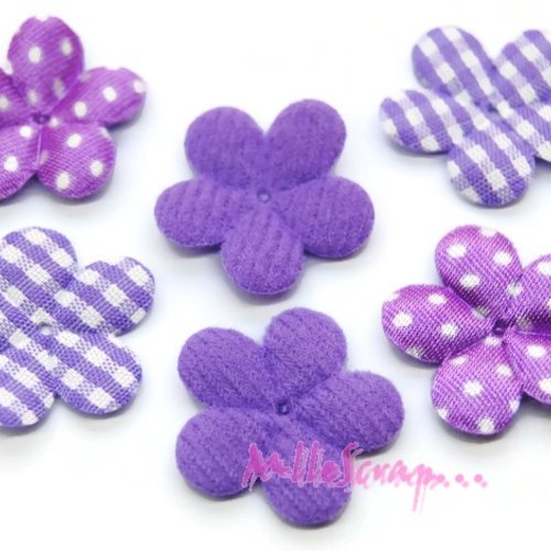*lot de 6 fleurs à motifs tissu violet embellissement scrap, carte, couture *. 