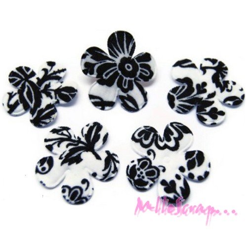 *lot de 5 fleurs à motifs tissu fleuris noir blanc embellissement scrap, carte, couture * 