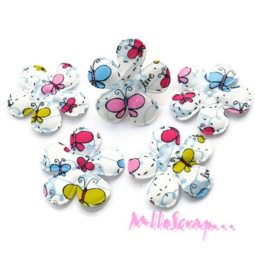 *lot de 5 fleurs à motifs papillons tissu embellissement scrap, carte, couture* 