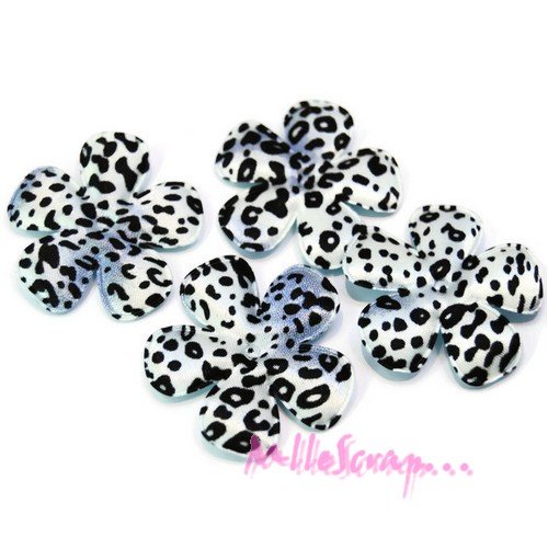 *lot de 4 fleurs à motifs tissu léopard tons bleu embellissement scrap, carte, couture (réf.310)* 