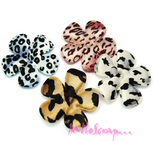 *lot de 4 fleurs à motifs tissu léopard multicolore embellissement scrap, carte, couture (réf.310)* 