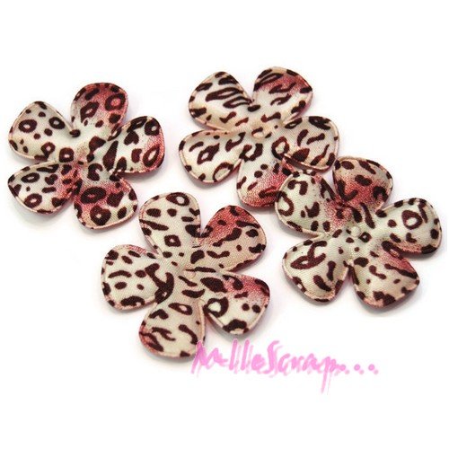 *lot de 4 fleurs à motifs tissu léopard tons rouge embellissement scrap, carte, couture (réf.310)* 