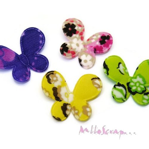 *lot de 4 papillons tissu rose, violet, jaune, vert embellissement scrapbooking.* 