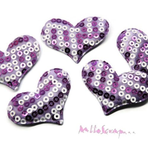 *lot de 5 coeurs violet tissu sequins embellissement scrapbooking carte(réf.310)* 
