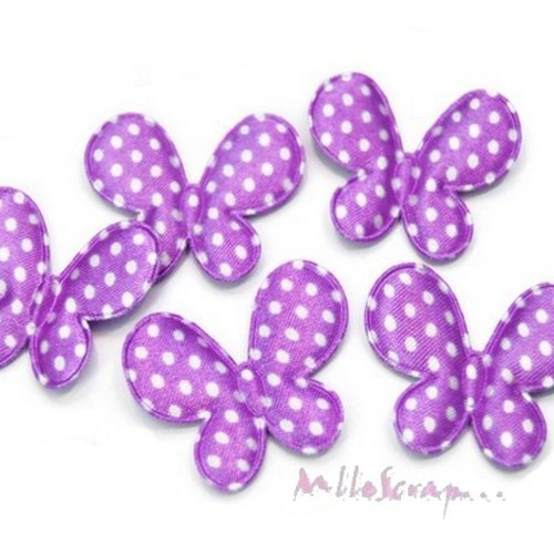 *lot de 5 papillons tissu satin à pois violet embellissement scrapbooking (réf.310).* 