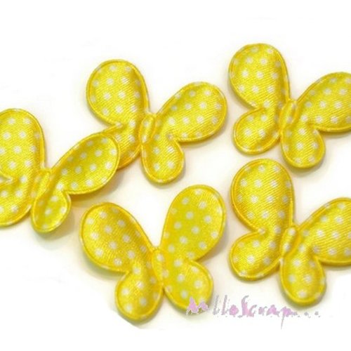 *lot de 5 papillons tissu satin à pois jaune embellissement scrapbooking (réf.310).* 