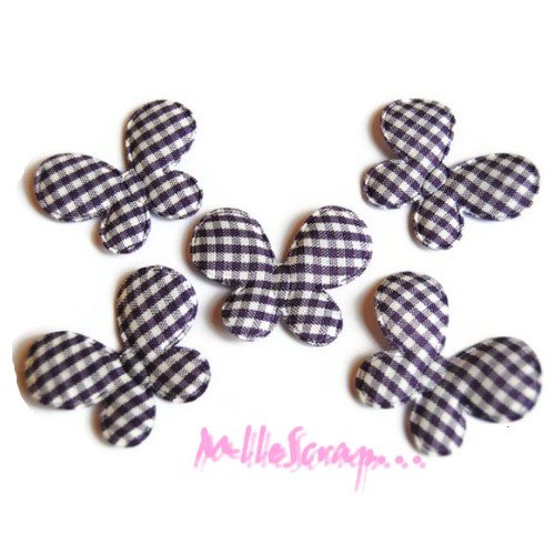 *lot de 5 papillons vichy violet foncé tissu embellissement scrap carterie(réf.310).* 