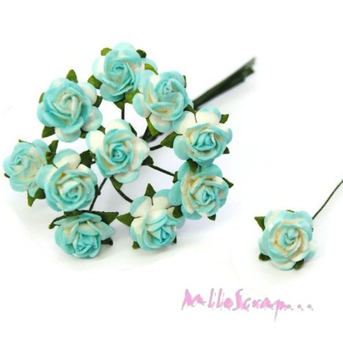 *lot de 10 petites roses bleu, blanc papier avec tige embellissement scrap carte(réf.810)* 