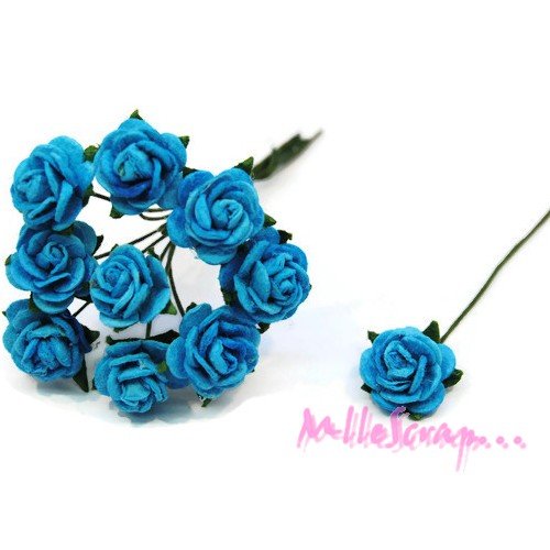 *lot de 10 petites roses bleu papier avec tige embellissement scrap carte 4(réf.810)* 