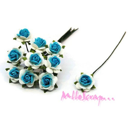 *lot de 10 petites roses bleu papier avec tige embellissement scrap carte 2(réf.810)* 