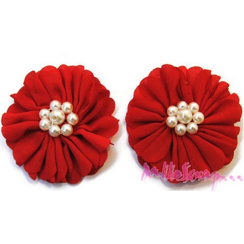 Appliques grosses fleurs tissu perles rouge - 2 pièces