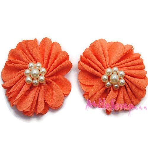 Appliques grosses fleurs tissu perles orange clair - 2 pièces