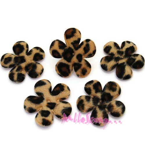 Appliques fleurs tissu effet léopard marron - 5 pièces