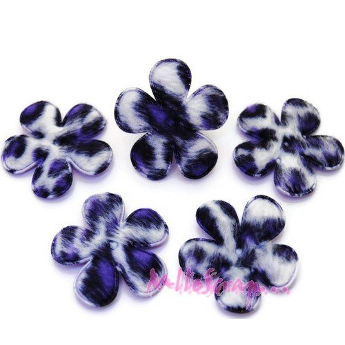 Appliques fleurs tissu effet léopard violet - 5 pièces