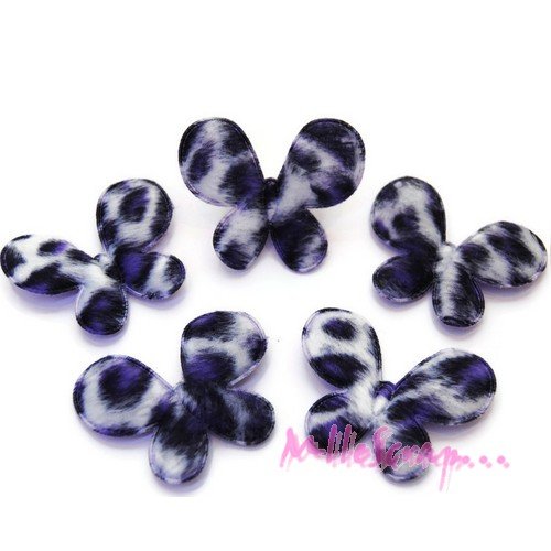 Appliques papillons tissu effet léopard violet - 5 pièces