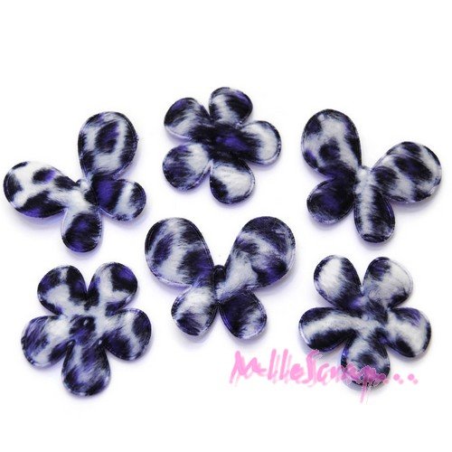 Appliques papillons, appliques fleurs tissu effet léopard violet - 6 pièces