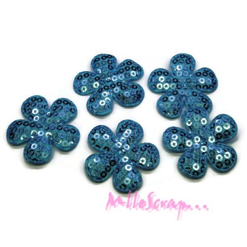 *lot de 5 fleurs tissu sequins bleu embellissement scrap, carte, couture(réf.310).*