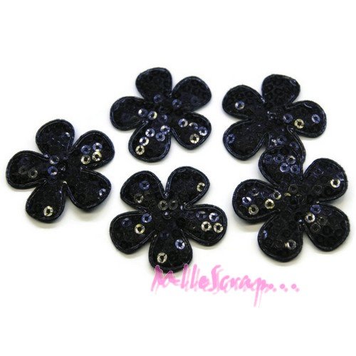 *lot de 5 fleurs tissu sequins noir embellissement scrap, carte, couture(réf.310).*