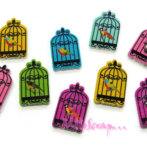 *lot de 9 boutons bois décorés cages multicolores embellissement scrapbooking*
