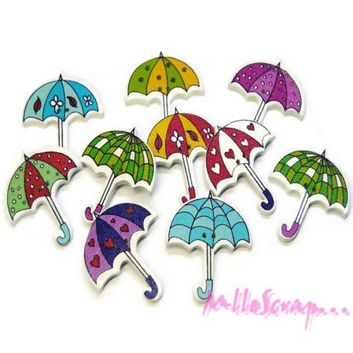 *lot de 10 boutons bois décorés parapluie embellissement scrapbooking.*