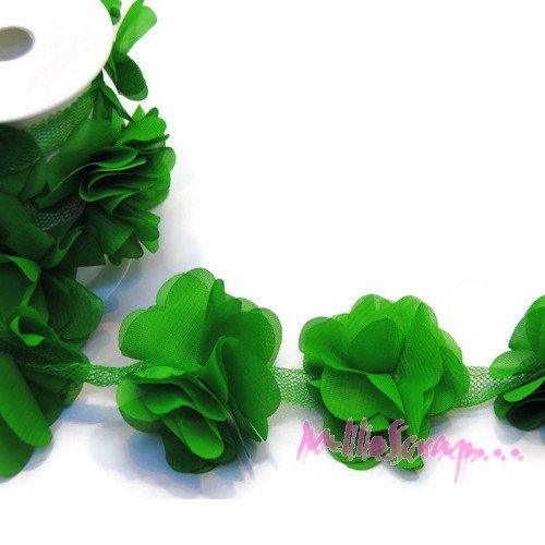 Appliques fleurs, ruban fleurs tissu vert - 6 pièces