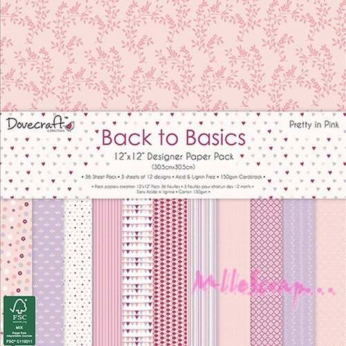*lot de 24 feuilles thème "back to basic pretty in pink 20 x 20 cm scrap carterie (ref.110)*