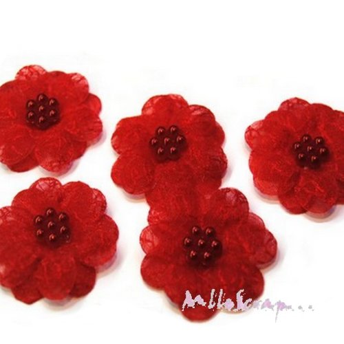 *lot de 5 fleurs rouge tissu organza 45 mm perles scrapbooking carte(réf.310)*