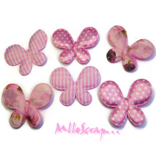 *lot de 6 papillons tissu rose embellissement scrapbooking carterie *