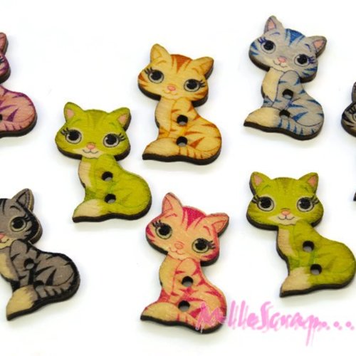 *lot de 8 boutons bois décorés chats embellissement scrapbooking*