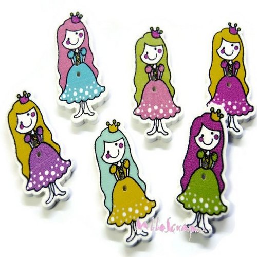 *lot de 8 boutons bois décorés petites princesses embellissement scrapbooking.*