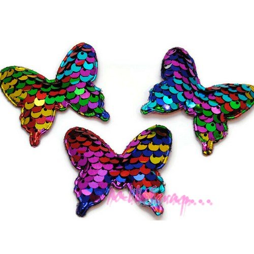 *lot de 3 papillons multicolore tissu sequins brillant scrapbooking.*