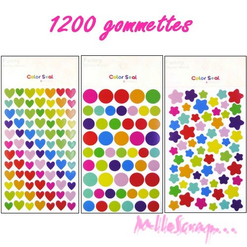 *gros lot de 1200 stickers gommettes coeurs, ronds, étoiles multicolore autocollants scrapbooking carterie(réf.410).*