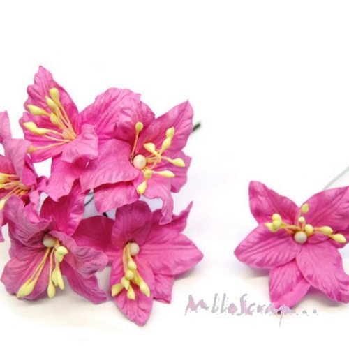 *lot de 5 fleurs "lily" rose avec tige embellissement scrap carte (réf.810).*