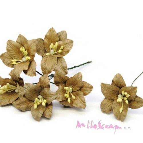 *lot de 5 fleurs "lily" marron avec tige embellissement scrap carte*