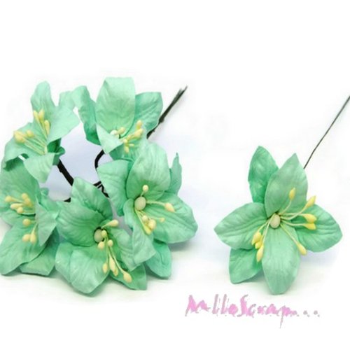 *lot de 5 fleurs "lily" turquoise avec tige embellissement scrap carte*