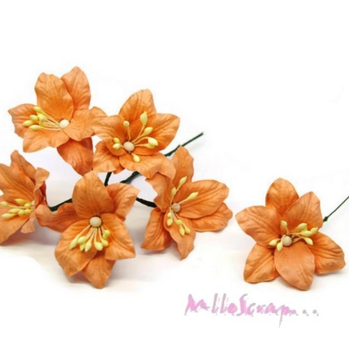 *lot de 5 fleurs "lily" orange avec tige embellissement scrap carte*