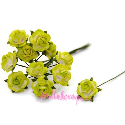 *lot de 10 petites roses vert papier avec tige embellissement scrap carte 2(réf.810)*