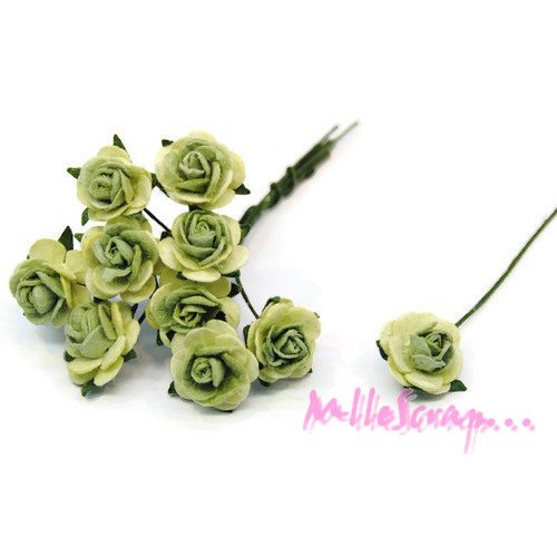 *lot de 10 petites roses vert papier avec tige embellissement scrap carte 4(réf.810)*