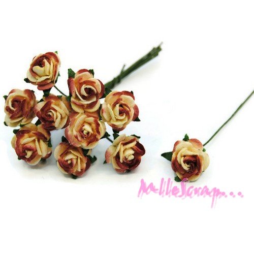 *lot de 10 petites roses marron, beige papier avec tige embellissement scrap carte 6(réf.810)*